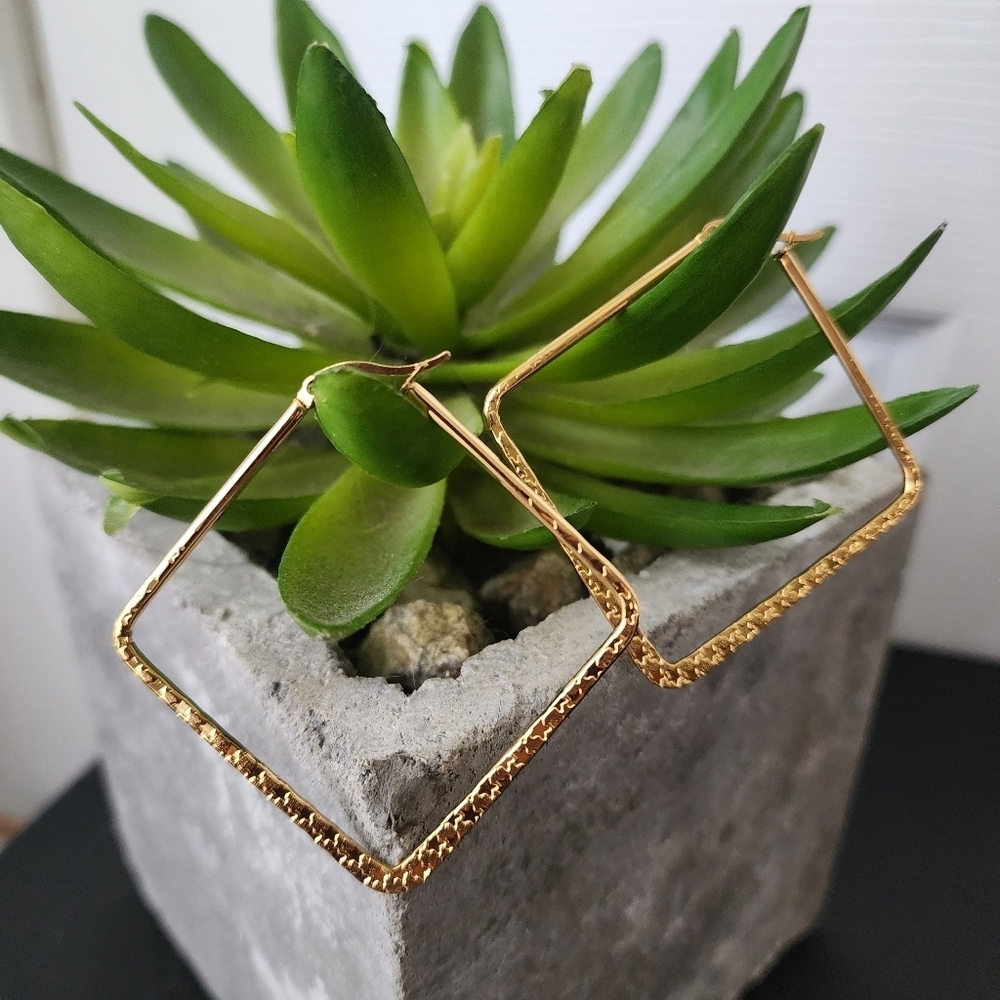 Gold Steel Square Hoop Earrings Star Design New